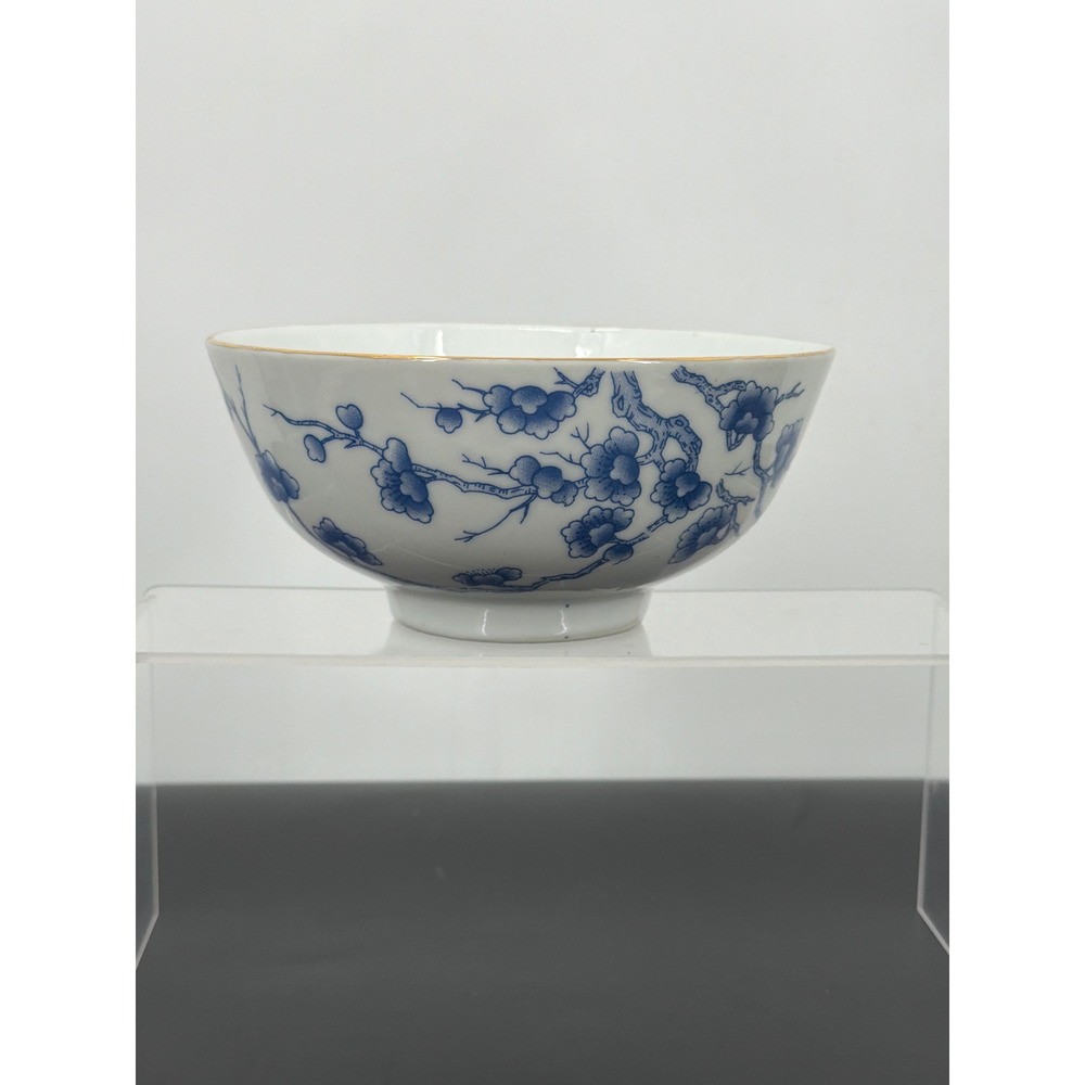 Vintage Blue White Porcelain Cherry Blossom Butterfly Bowl Gold‎ Rim Footed 6in